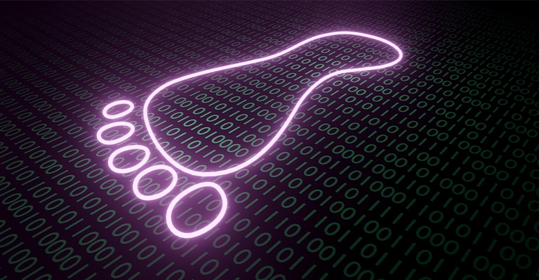 A glowing neon outline of a human footprint overlays a dark background filled with green binary code. The image represents a digital footprint, symbolizing the trace of personal data left online.