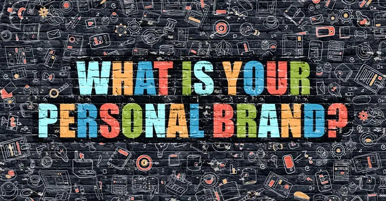 Colorful block letters on a dark chalkboard-style background ask, "What is your personal brand?" Surrounding the text are hand-drawn icons representing media, communication, and technology, emphasizing creativity and digital presence.