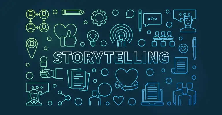 Neon-colored line art image featuring the word “Storytelling” in bold uppercase letters at the center, surrounded by icons representing communication and creativity. These include a microphone, heart, speech bubbles, documents, podcast symbol, lightbulb, pen, people, and social media connections on a dark background.