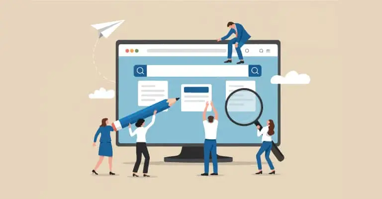 Illustration of five people interacting with an oversized computer screen showing a search engine interface. One person holds a giant pencil, another uses a magnifying glass, and others adjust elements on the screen, symbolizing collaboration, content creation, and digital research. A paper airplane and clouds add a creative, whimsical touch.