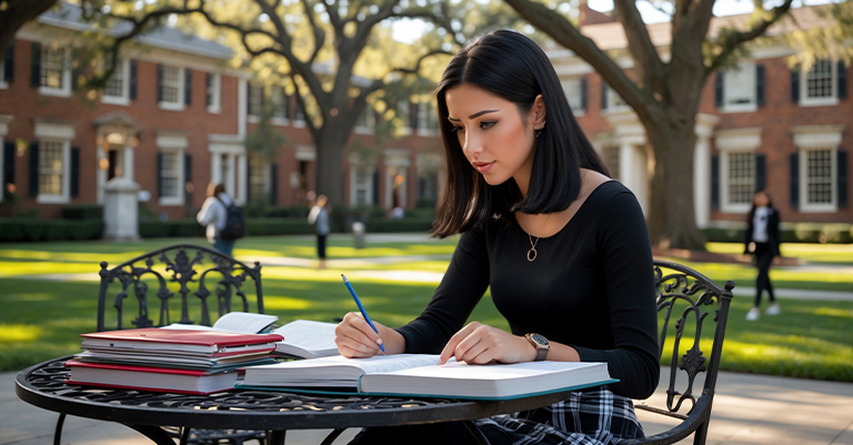 A young woman studying outdoors on a university campus with books and a notebook on a round table.