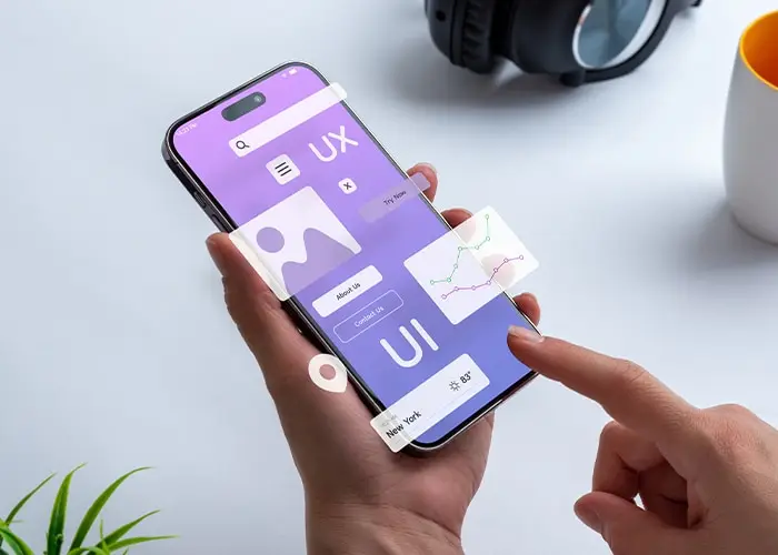 A hand holding a smartphone displaying a UI/UX design interface with a purple background and various design elements.