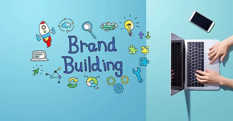 A creative split-image shows the phrase “Brand Building” with colorful hand-drawn icons like a rocket, magnifying glass, light bulb, and puzzle pieces on the left, while on the right, hands type on a laptop next to a smartphone. The visual represents the digital process and creativity involved in developing a brand.