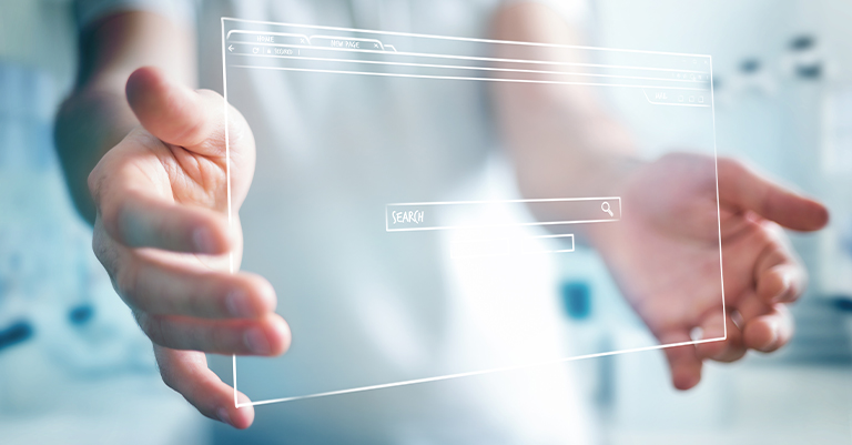 Person holding a transparent digital screen with a floating search bar interface, symbolizing futuristic web browsing and online information access.