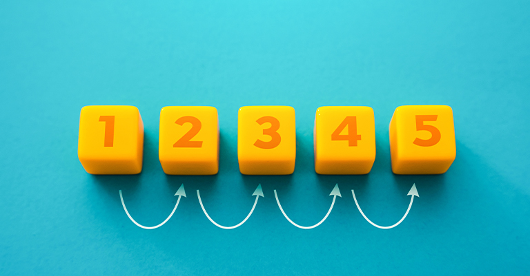 Five yellow blocks labeled 1 through 5 are lined up on a blue surface, with white arrows curving backward to emphasize step-by-step progress.