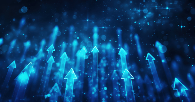 Multiple glowing blue arrows point upward against a dark digital background, symbolizing personal growth, ambition, and forward momentum.