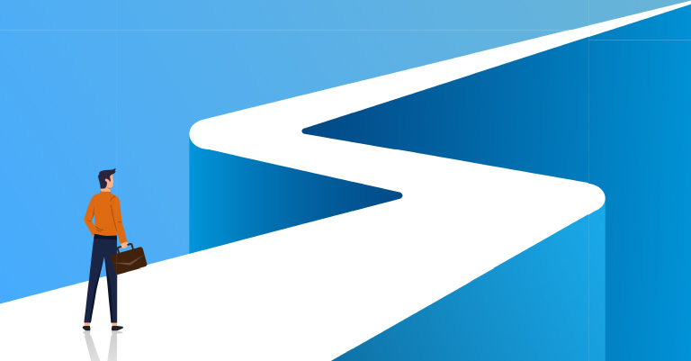 Illustration of a businessman with a briefcase standing at the start of a zigzagging white road on a blue background, symbolizing a career path.