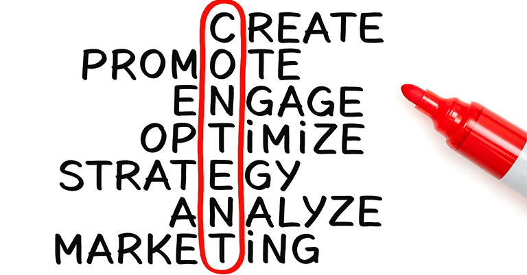 Digital marketing word puzzle with "CONTENT" circled in red vertically among words like promote, engage, optimize, and marketing.