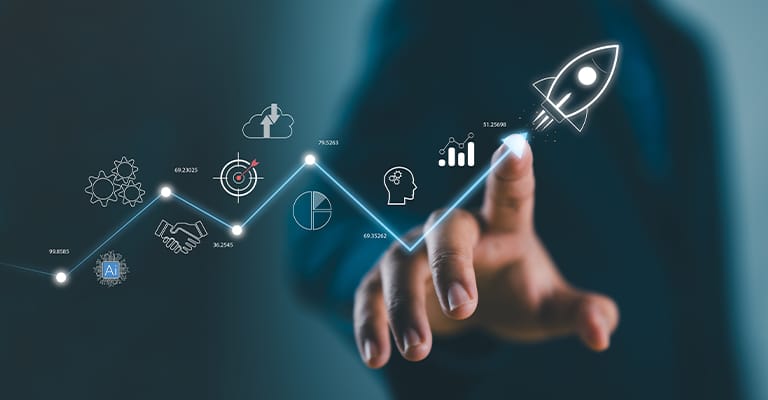 A person in a dark suit points to a glowing rocket icon at the end of a digital growth chart, symbolizing business success or startup launch. Along the upward line are icons representing AI, partnerships, goals, analytics, and innovation, suggesting a strategic progression toward growth.