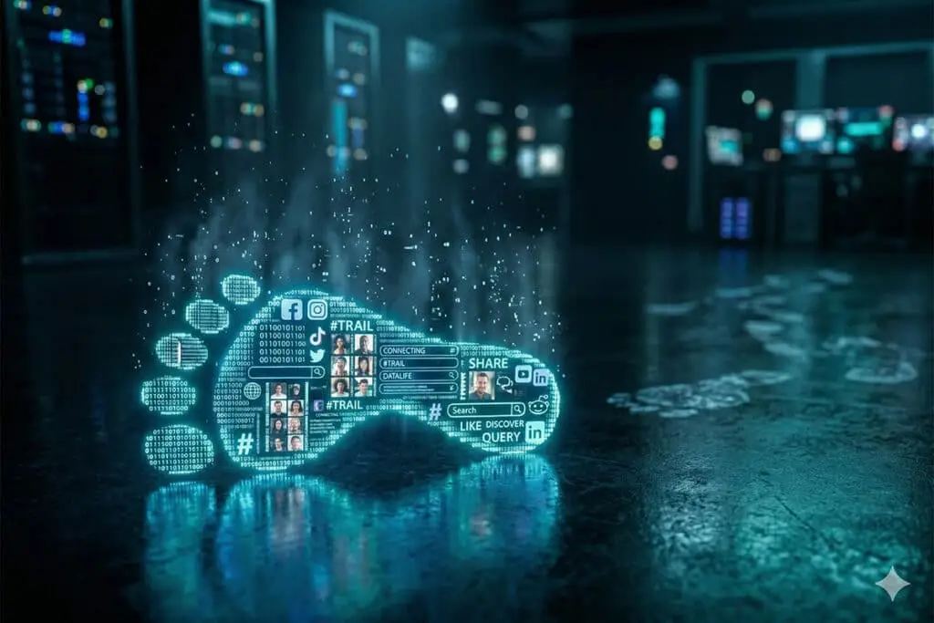 A glowing digital padlock made of binary code and social media style icons sits on a glossy floor in a server room with blurred racks and monitors in the background. The image suggests cybersecurity and data protection for online platforms and user information.