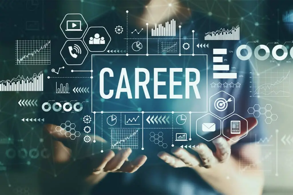 Digital Footprint Audit graphic showing the word CAREER on a glowing dashboard filled with analytics charts and communication icons. Hands support the interface to suggest reviewing and managing online presence as part of career growth.
