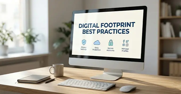 A desktop computer on a wooden desk displays a slide titled DIGITAL FOOTPRINT BEST PRACTICES. Icons and labels highlight privacy settings, data protection, secure accounts, and managing social media profiles.