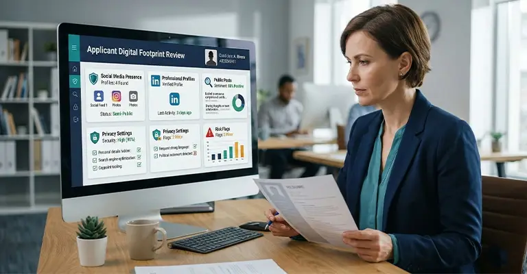 A woman in a modern office reviews a printed resume while looking at a desktop monitor showing an Applicant Digital Footprint Review dashboard. The screen highlights social media presence, professional profiles, public posts, privacy settings, and risk flags for a candidate.