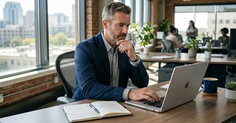 A man in a navy blazer sits at a wooden desk in a modern office, looking thoughtfully at an open laptop with his hand on his chin. A notebook and pen sit in front of him, with a coffee mug and small plant on the desk and coworkers working in the background near large windows.