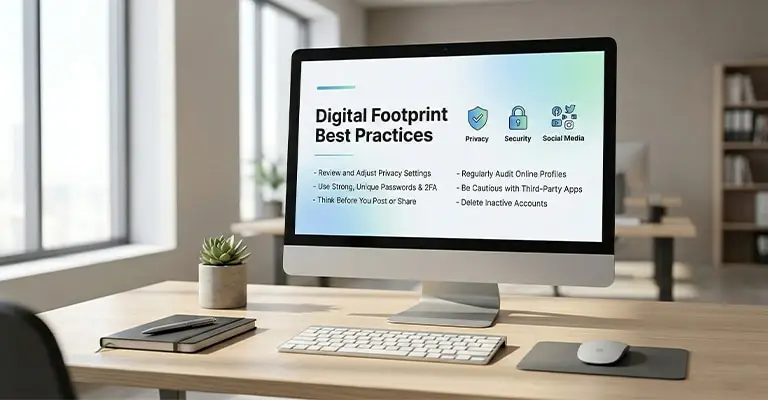 Desktop computer on a tidy office desk displays a slide titled Digital Footprint Best Practices with icons labeled Privacy Security and Social Media. The slide lists tips including Review and Adjust Privacy Settings. Use Strong Unique Passwords and 2FA. Think Before You Post or Share. Regularly Audit Online Profiles. Be Cautious with Third Party Apps. Delete Inactive Accounts.