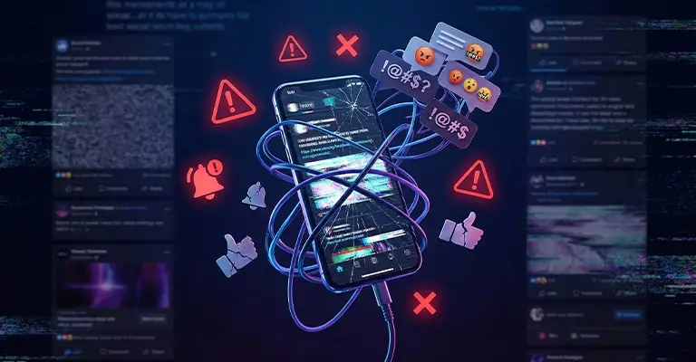 A cracked smartphone tangled in charging cables sits in front of blurred social media style feeds as warning symbols and angry reaction emojis hover around it. The image illustrates online toxicity and security risks tied to digital footprint best practices, like protecting accounts and limiting harmful exposure.