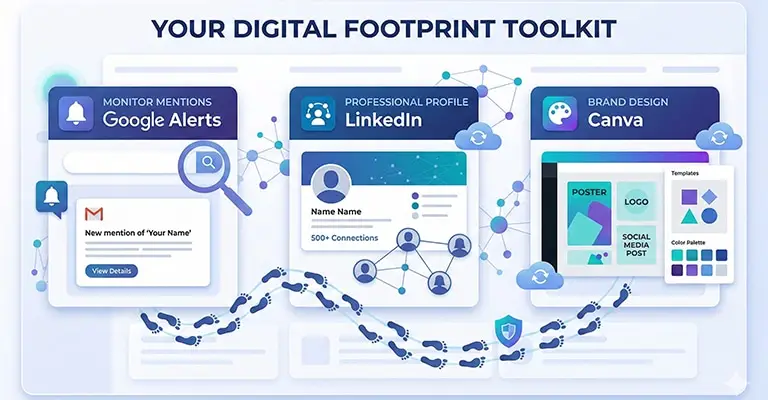 Your Digital Footprint Toolkit graphic showing three panels for Google Alerts monitoring mentions. LinkedIn professional profile and Canva brand design. Blue network nodes and dotted footprint paths connect the tools across a clean tech style dashboard.