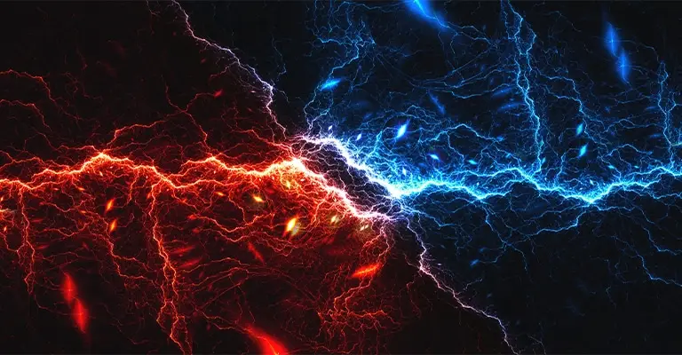 Red and blue electric lightning patterns collide against a dark background. The sharp contrast suggests inner tension and clarity while learning to identify your personal values and  advancing your career.