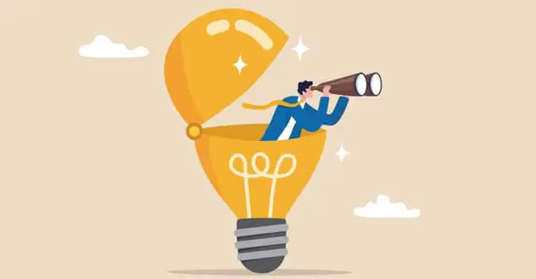 A person looks through binoculars from inside an open glowing light bulb against a soft beige background. The light bulb and search gesture suggest exploring ideas and perspective while learning to identify your personal values.