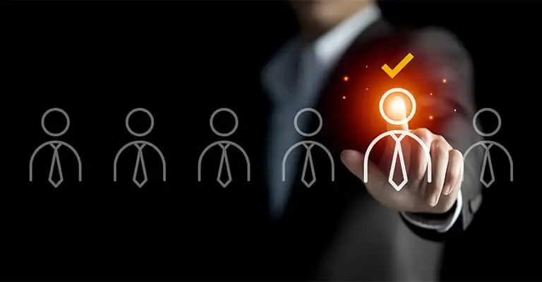 A businessperson taps a glowing profile icon with a check mark above it among several gray profile icons. The selection graphic suggests verifying accurate information and choosing what represents you online to protect your online reputation.