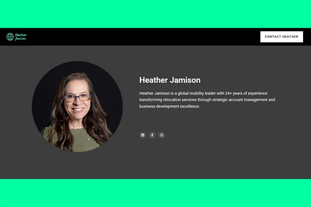 A screenshot of a personal website homepage shows a circular headshot beside the name Heather Jamison and a short bio with social icons and a Contact Heather button. The image shows an about section that helps Build a Personal Brand by presenting a clear professional profile and contact option.