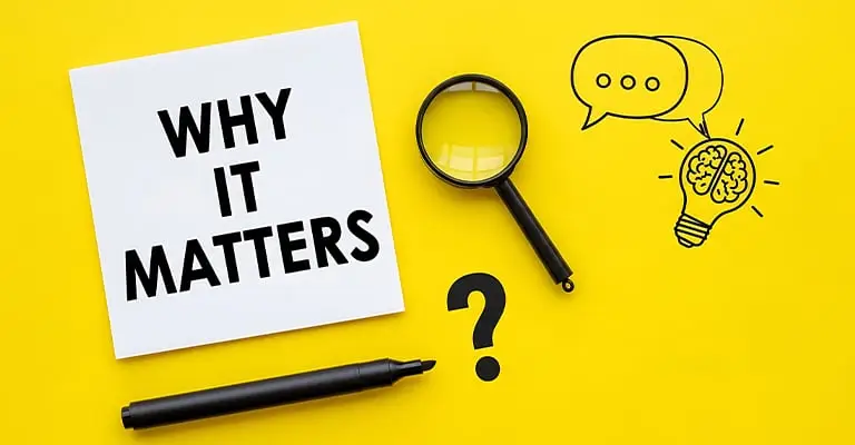 A card reading "WHY IT MATTERS" sits beside a magnifying glass. A question mark and drawings of speech bubbles and a glowing brain shaped light bulb emphasize why learning to build a professional brand matters.