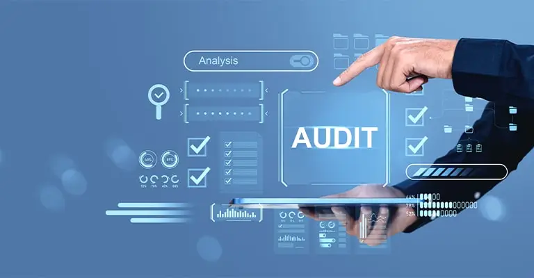 A businessperson interacts with a digital dashboard featuring check marks and the words "Analysis" and "AUDIT." The technology themed graphic represents reviewing and auditing the elements used to build a professional brand.