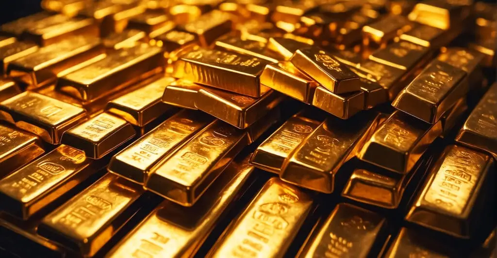 A close up view of stacked gold bars reflecting warm light, emphasizing wealth and high value. Concept image for develop your personal brand by signaling premium positioning, success, or financial credibility.