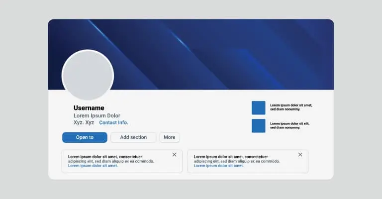A mock online professional profile page shows a large banner area with a blank avatar and organized profile sections. The visual supports entry-level job search tips about building a clear online presence before applying.