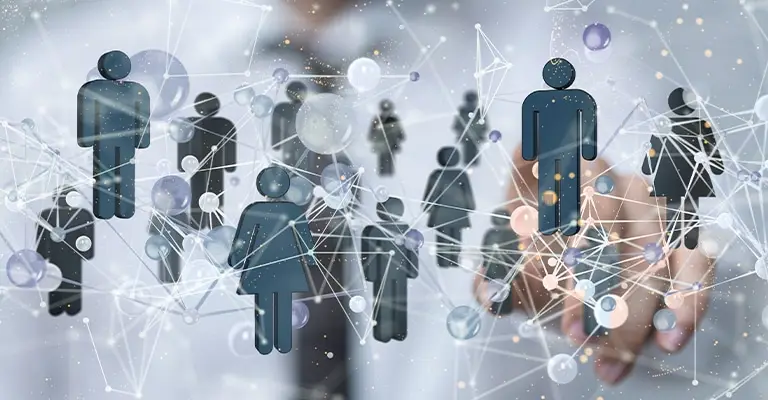 Human icons are connected by a web of digital lines while a hand selects one person from the network. The visual supports entry-level job search tips about using professional networking to find opportunities and stand out.