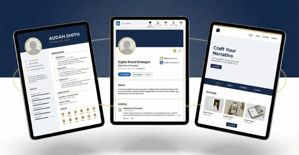 Three tablet screens showing different personal branding assets. A resume template with the name Audah Smith appears on the left. A LinkedIn style profile page is centered and a portfolio website that says Craft Your Narrative is on the right.