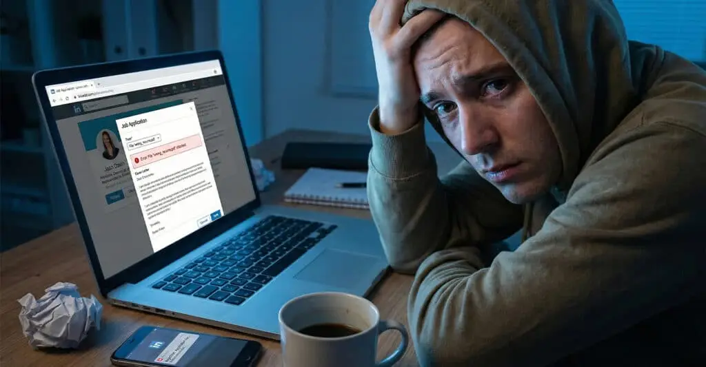 A stressed job seeker in a hoodie sits at a desk beside an open laptop showing a LinkedIn job application error message. A coffee cup and phone lie nearby, emphasizing a late night frustrated moment while trying to submit an application.