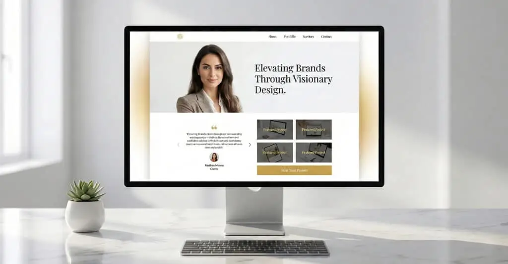 A desktop monitor on a bright desk displays a personal portfolio website with a headshot and the headline Elevating Brands Through Visionary Design. The page includes navigation links plus featured project tiles and a Start Your Project button, with a small potted plant beside the screen.
