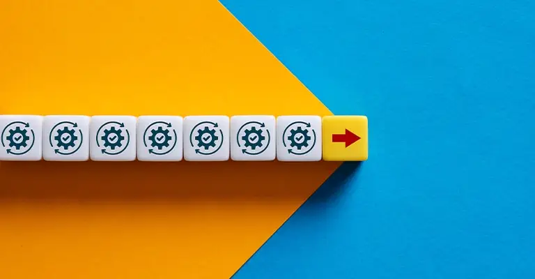 A row of white blocks marked with gear and circular arrow symbols leads to a yellow block with a red forward arrow. The visual represents using a clear repeatable process to build your brand on LinkedIn.