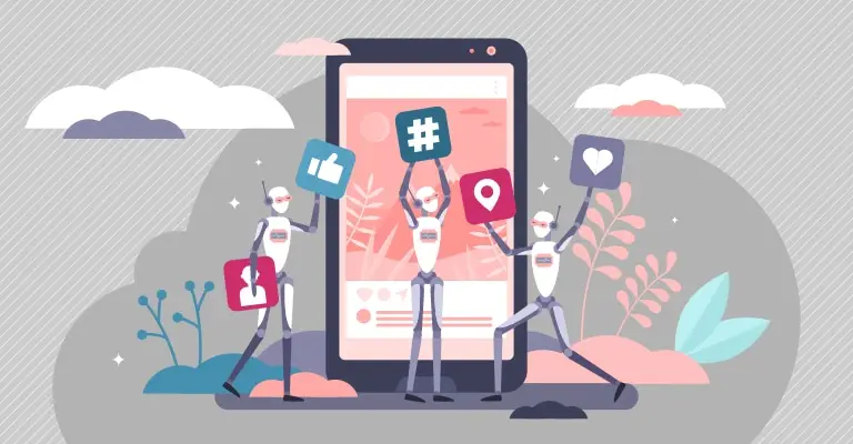 Three robots hold signs with a hashtag. A thumbs up. A heart. A location pin. And a profile icon beside a large smartphone showing a social media post. The illustration represents using consistent content and engagement to build your brand on LinkedIn.