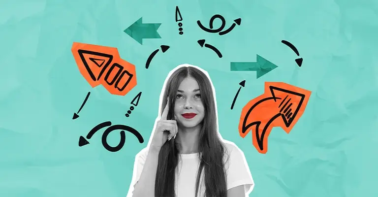 A black and white cutout of a young woman looks upward while touching her face against a teal background with arrows and doodle icons around her. The playful decision making style fits a personal branding for students article about choosing a direction and shaping a clear identity.