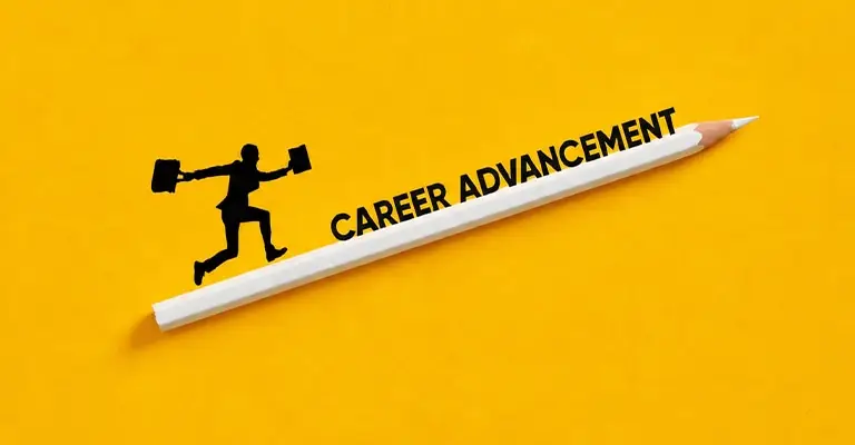 A black silhouette of a professional carrying a briefcase runs upward along a white pencil against a bright yellow background. The words "CAREER ADVANCEMENT" appear above the pencil to represent early career advancement and professional growth.