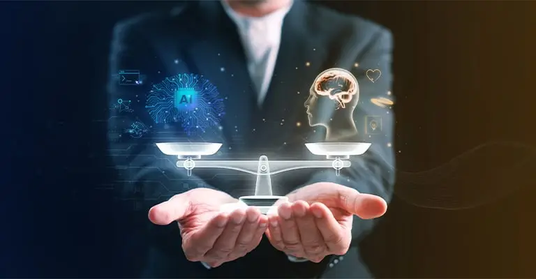 A business professional holds a balanced scale with a glowing circuit brain marked "AI" on one side and a human head with an illuminated brain on the other. The comparison represents balancing artificial intelligence with human judgment and creativity for early career advancement.