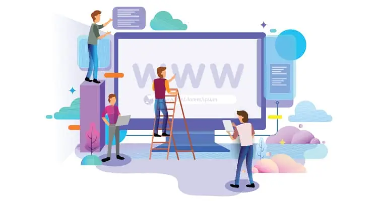 our college students collaborate around a large computer screen while designing a professional website.
