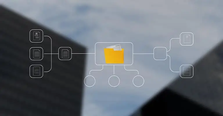 digital folder connects to several document icons in a branching file management network. The graphic represents organizing and sharing documents for a professional website for college students.