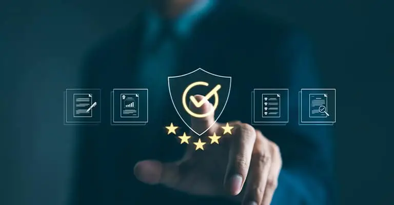 A person selects a glowing shield with a checkmark and five gold stars surrounded by digital document icons. The graphic represents verified credentials and trusted achievements on a professional website for college students.