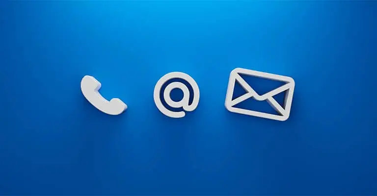 White phone. At symbol. And envelope icons appear against a blue background to represent contact options. These communication links help visitors connect through a professional website for college students.