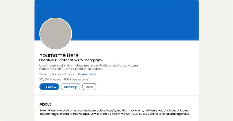 Mock LinkedIn profile page with a blue banner and blank gray profile photo showing a generic profile that could be used to explain how to avoid LinkedIn mistakes.