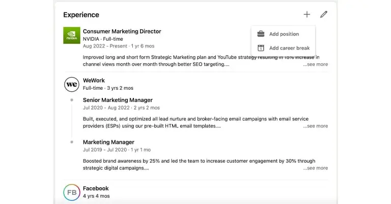 inkedIn Experience section example with career entries and an open add menu. The screenshot supports a guide on how to avoid LinkedIn mistakes.