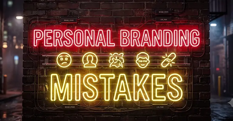 Neon sign on a brick wall reads “PERSONAL BRANDING MISTAKES” with red and yellow lights and small icons for common branding errors. The dramatic city alley setting introduces a post about how to avoid LinkedIn mistakes and build a stronger professional presence.