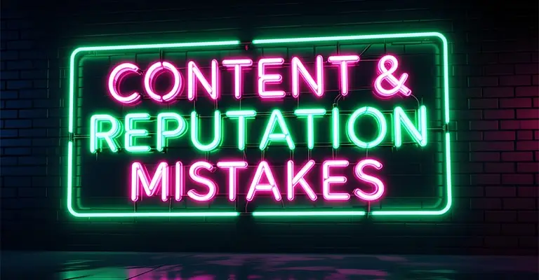 Neon pink and green sign on a dark brick wall reads "CONTENT & REPUTATION MISTAKES". The bright warning style introduces a guide on how to avoid LinkedIn mistakes that can damage your professional brand.