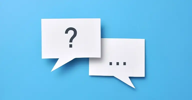 Two white speech bubbles on a bright blue background. One bubble shows "?" and the other shows "...". It suggests common questions and unclear communication when learning how to avoid LinkedIn mistakes.