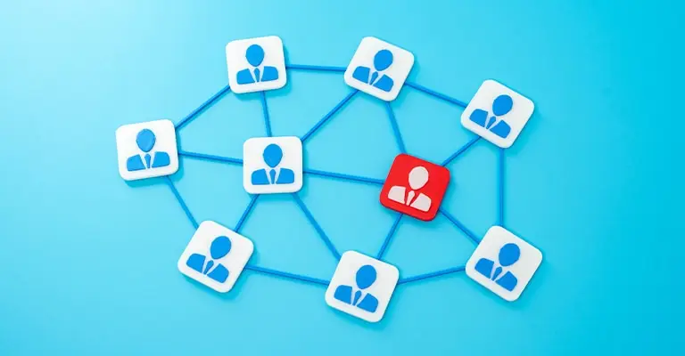 A network of nine profile icons connected by blue lines on a bright turquoise background. One red profile icon stands out among the white and blue icons to represent differentiation and visibility through LinkedIn profile optimization.