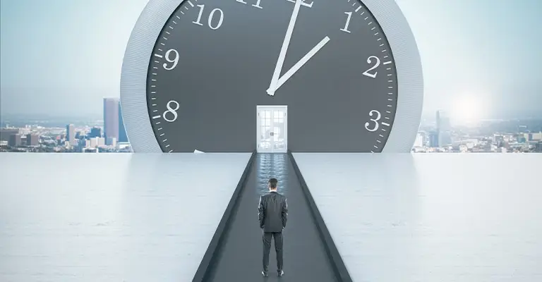 A businessperson stands on a narrow path leading toward an open doorway beneath an enormous clock overlooking a city skyline. The scene represents using time strategically to improve professional visibility through LinkedIn profile optimization.
