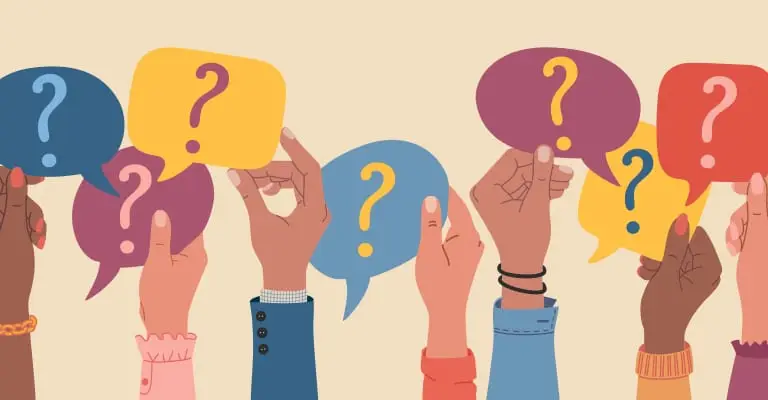 Diverse hands hold colorful speech bubbles with question marks against a beige background. The questions suggest gathering feedback and understanding how others see your personal brand.